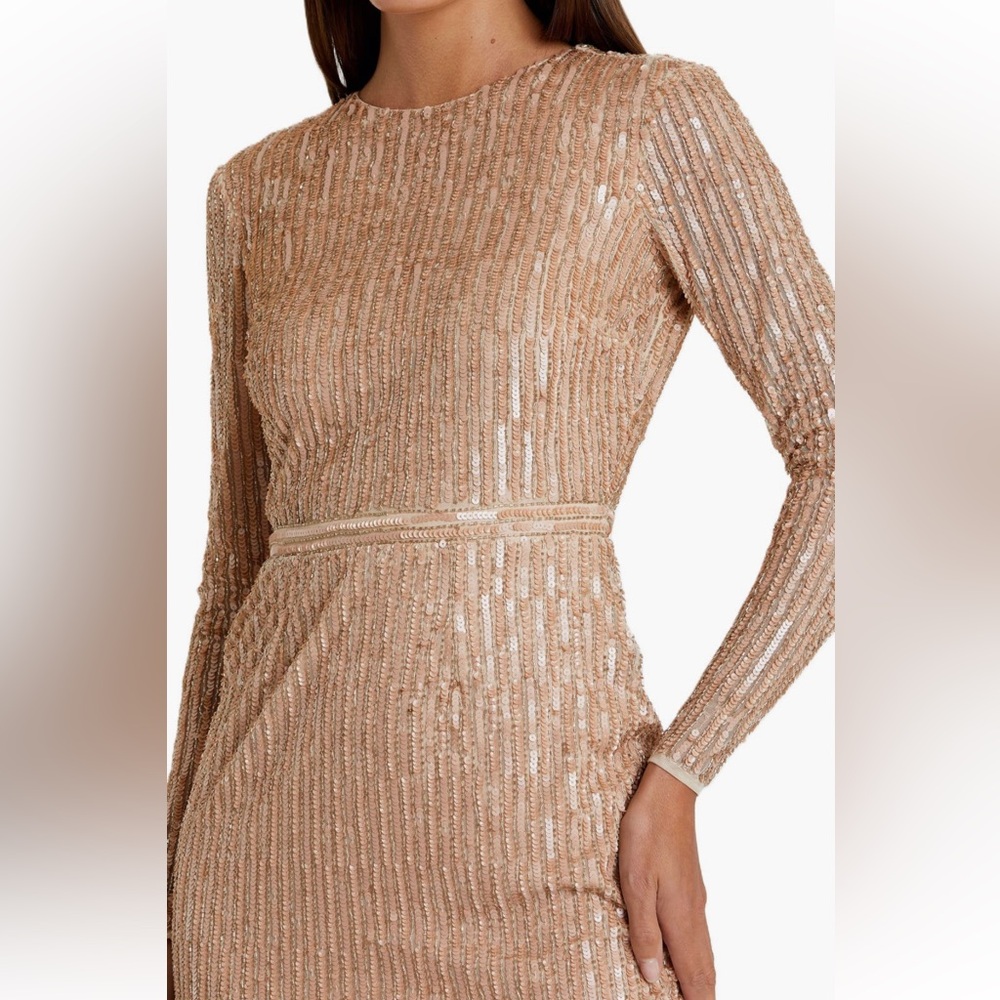 Mac Duggal Sequin Long Sleeve Dress - Tan